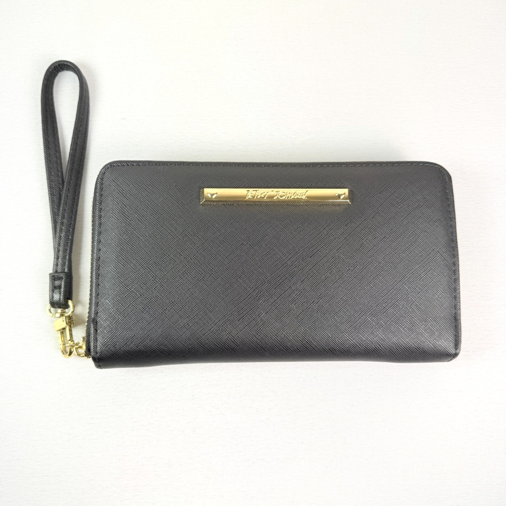 Betsey Johnson Black Saffiano Zip Around Wristlet Wallet